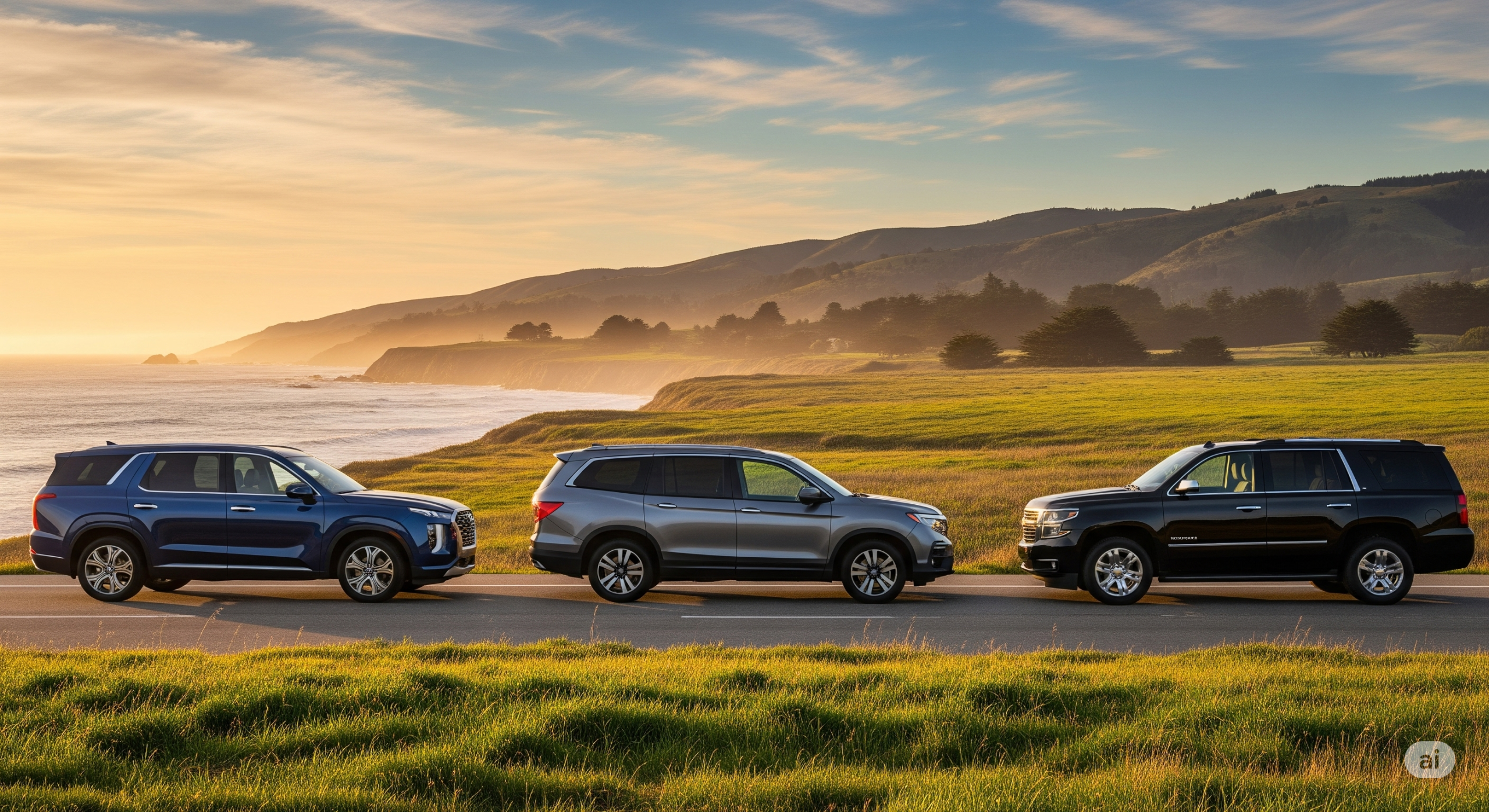 Palisade, Pilot, and Tahoe parked in a field in Hamburg, PA.